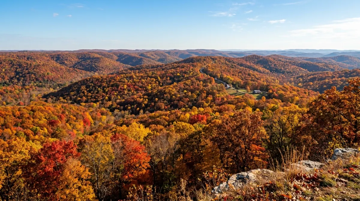 Sweeping panorama of brilliant red, orange, and gold autumn foliage across the rolling Ozark hills