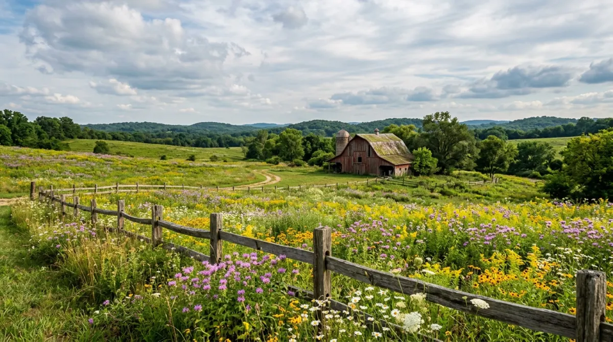 A rustic red barn beside a wildflower meadow and split-rail fence in the pastoral Southwest Missouri countryside