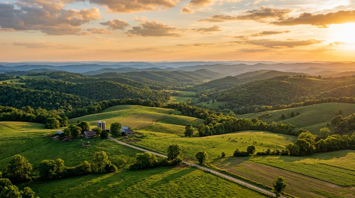 Concept rendering of a towering American flag monument rising over the green hills of the Ozarks in Southwest Missouri